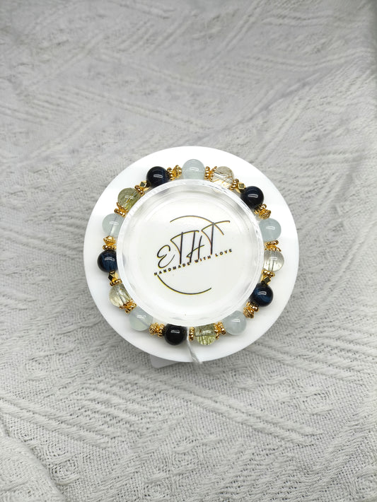 Blue Tiger Eye • Green Rutilated Quartz • Aquamarine • Crystal Bracelet